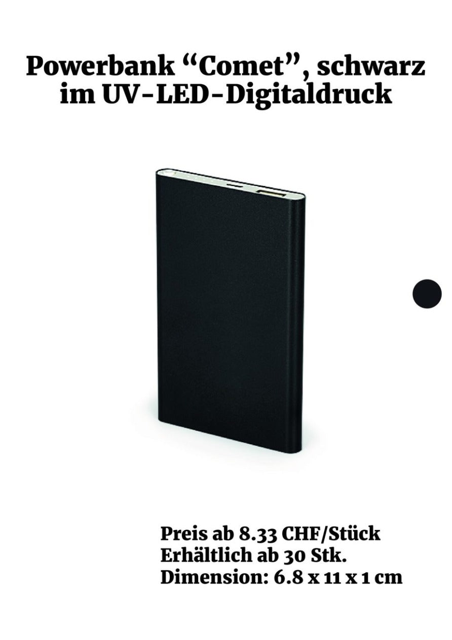 Powerbank "Comet" Schwarz, im UV-LED-Digitaldruck